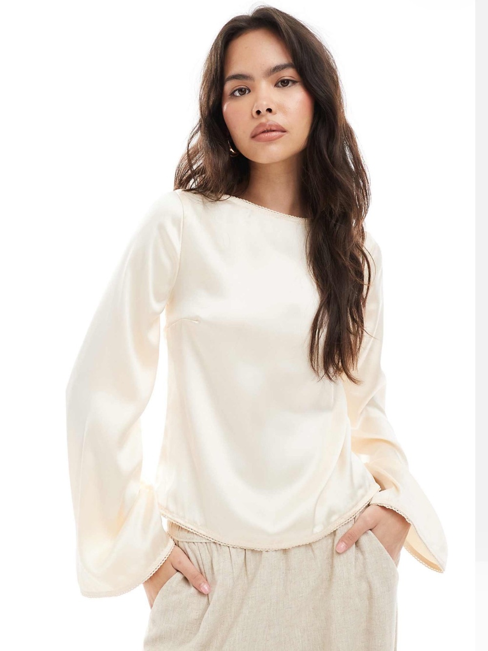NWT ASOS tie back satin long sleeve top in oyster size 4